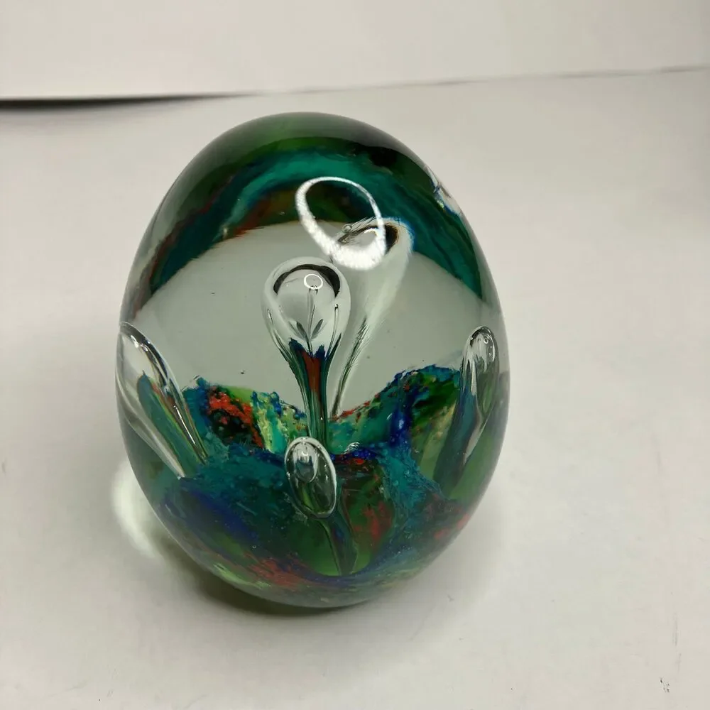 Vintage Art Glass Paperweight Hand Blown Controlled Bubbles Colorful Egg Shaped